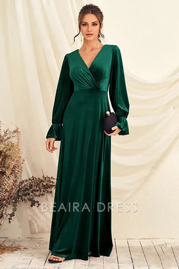Beaira Elegance Dark Green V Neck Velvet Wrap Long Prom Dress with Long Sleeves - Dark Green