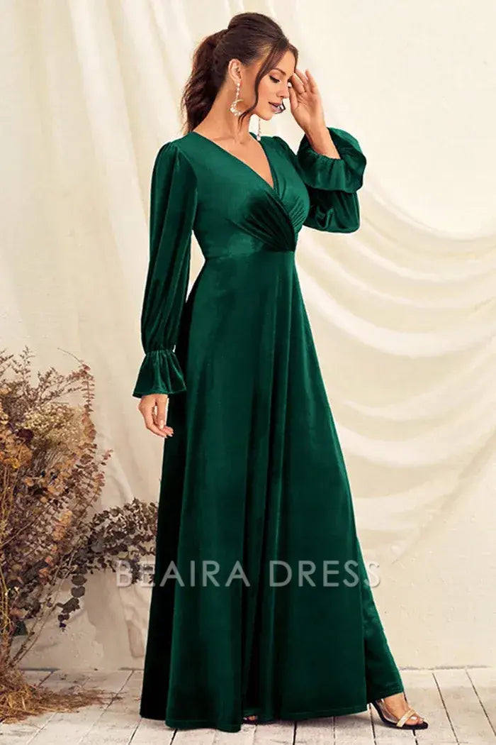Beaira Elegance Dark Green V Neck Velvet Wrap Long Prom Dress with Long Sleeves - Dark Green