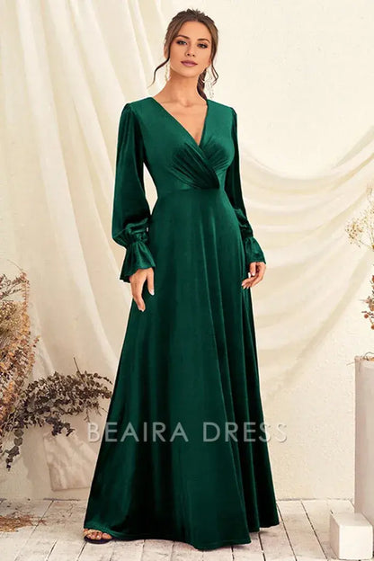 Beaira Elegance Dark Green V Neck Velvet Wrap Long Prom Dress with Long Sleeves - Dark Green