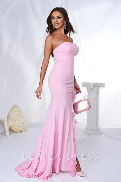 Beaira Elegance Pink Mermaid Strapless Ruffles Long Prom Dress with Slit - Pink