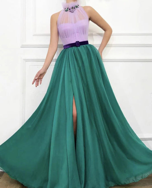 A Line Chiffon Open Back Halter Slit Tulle Long Cheap Prom Dresses