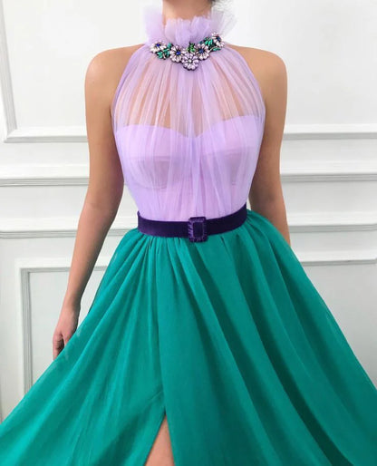 A Line Chiffon Open Back Halter Slit Tulle Long Cheap Prom Dresses