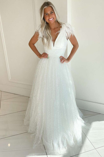 A Line Light Blue V Neck Tulle Feathers Slit Prom Dress