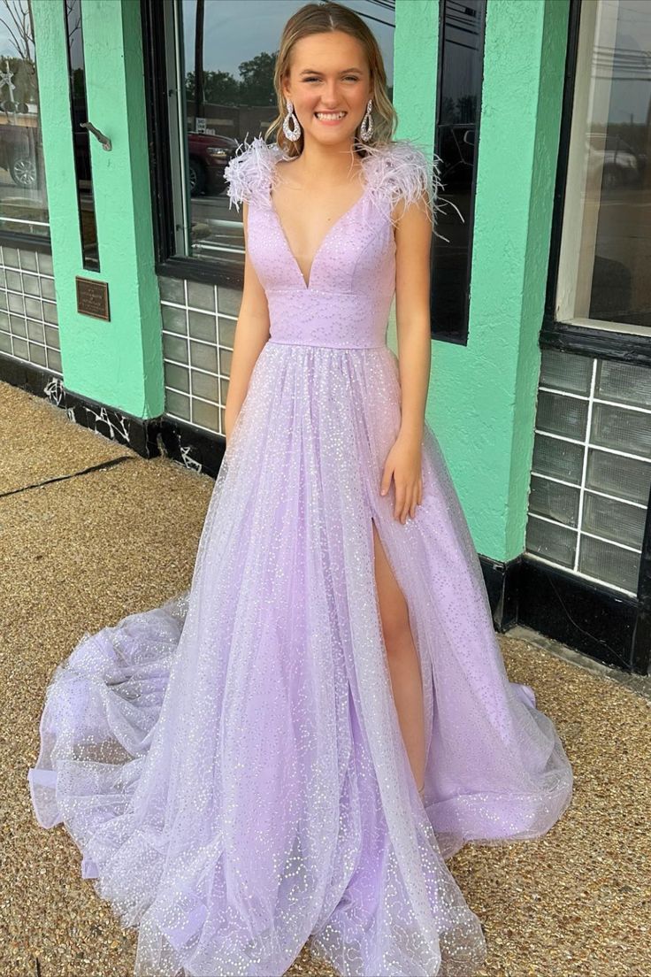 A Line Light Blue V Neck Tulle Feathers Slit Prom Dress