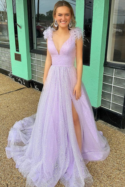 A Line Light Blue V Neck Tulle Feathers Slit Prom Dress