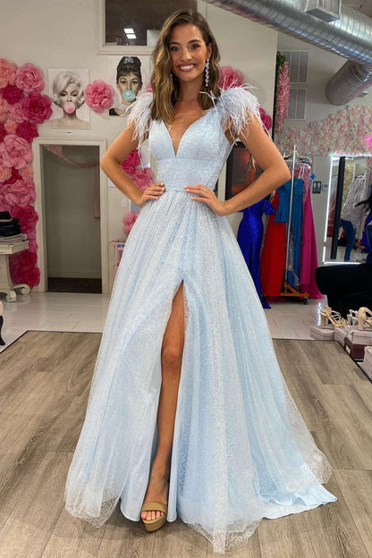 A Line Light Blue V Neck Tulle Feathers Slit Prom Dress