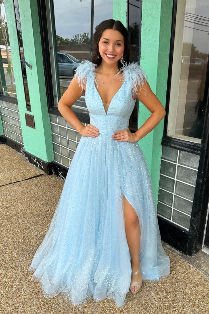 A Line Light Blue V Neck Tulle Feathers Slit Prom Dress