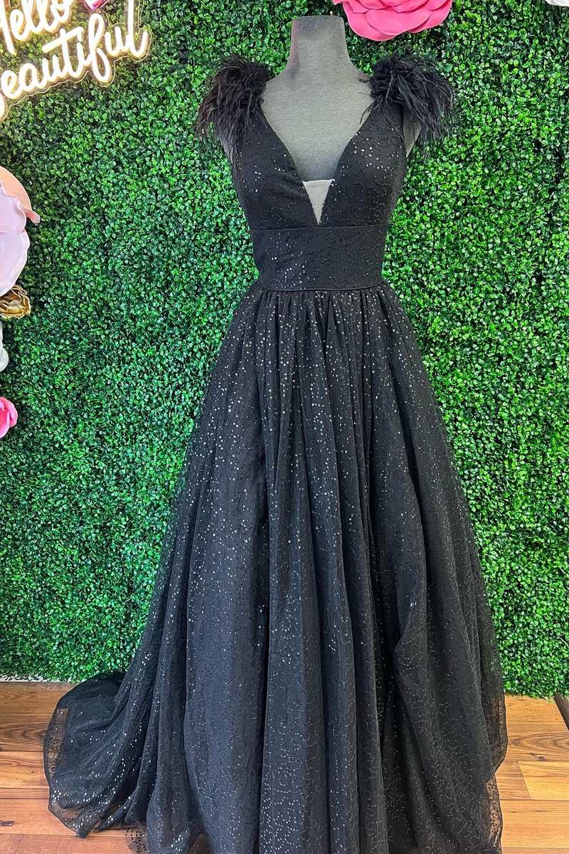 A Line Light Blue V Neck Tulle Feathers Slit Prom Dress