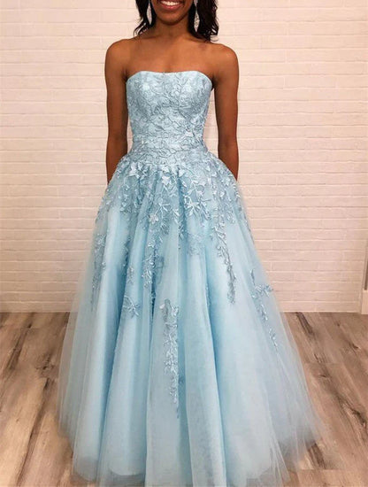 A Line Ligth Blue Tulle Long Strapless Lace Prom Dresses With with Appliques
