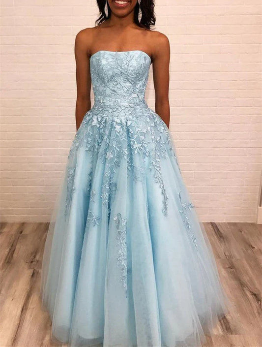 A Line Ligth Blue Tulle Long Strapless Lace Prom Dresses With with Appliques