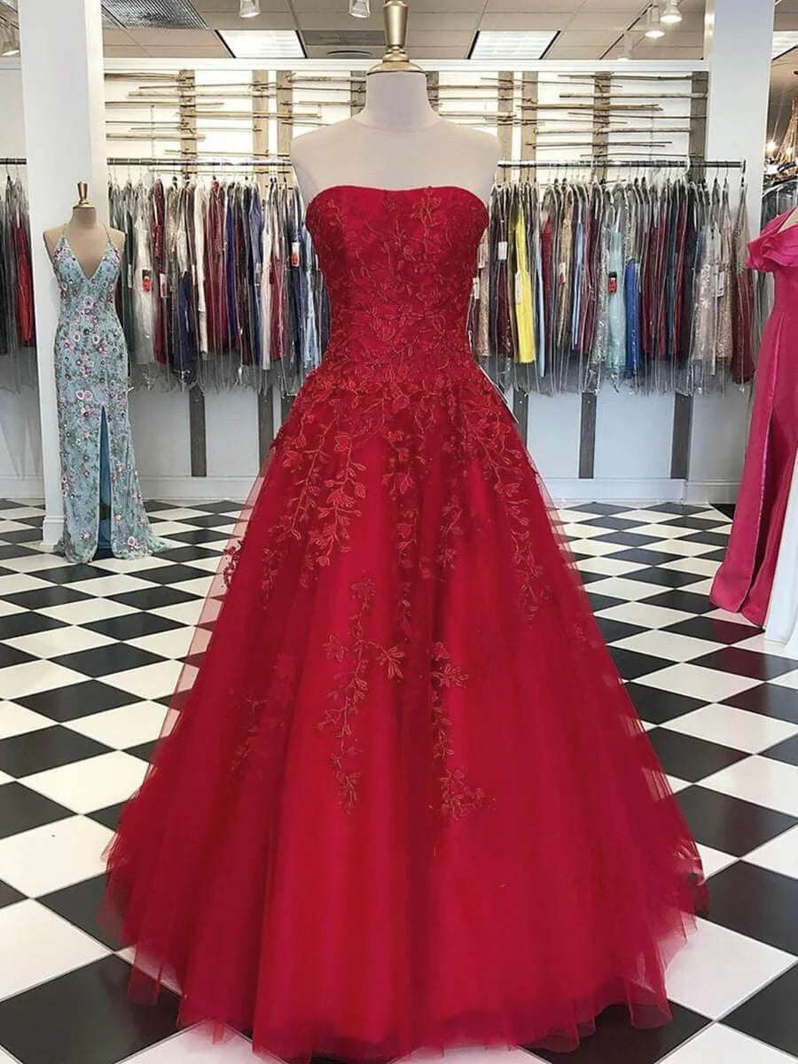 A Line Ligth Blue Tulle Long Strapless Lace Prom Dresses With with Appliques