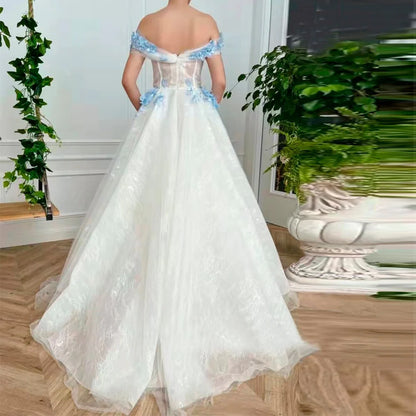 A Line Off The Shoulder Long Prom Dresses With Blue 3D Flower