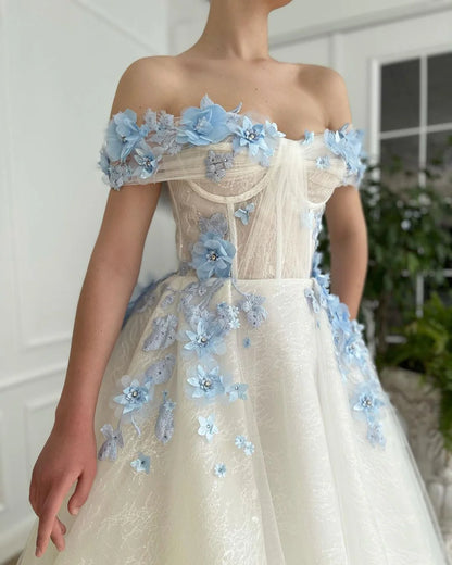 A Line Off The Shoulder Long Prom Dresses With Blue 3D Flower