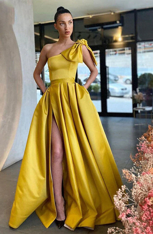 A Line One Shoulder Satin Prom Dress With Slit