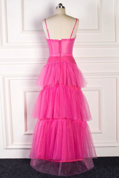 A Line Pink Spaghetti Straps Tiered Tulle Long Prom Dress