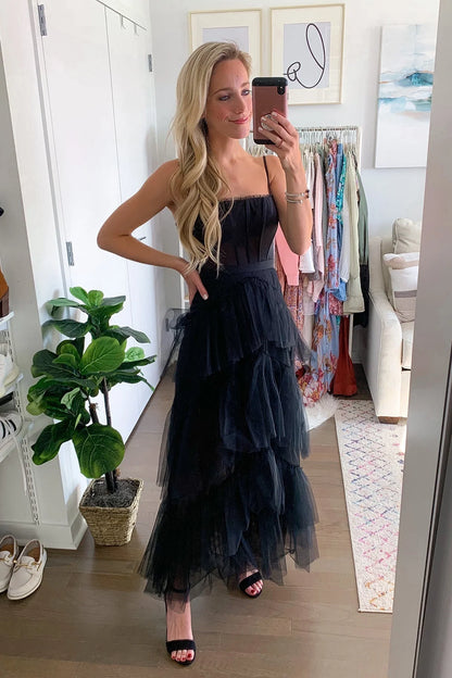 A Line Pink Spaghetti Straps Tiered Tulle Long Prom Dress