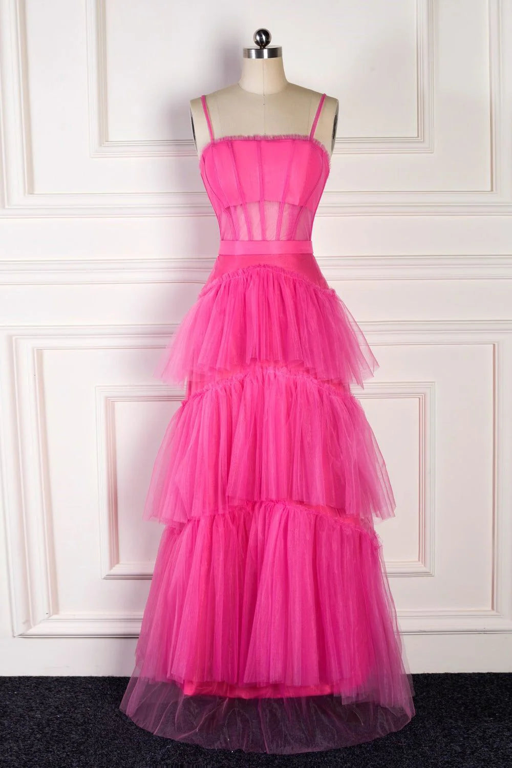 A Line Pink Spaghetti Straps Tiered Tulle Long Prom Dress