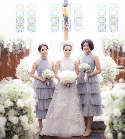 Elegant A-Line Princess High Neck Sleeveless Tulle Bridesmaid Dresses