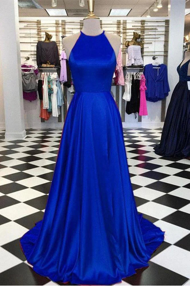 A-Line Round Neck Royal Blue Satin Open Back Prom Dresses with Split Pockets