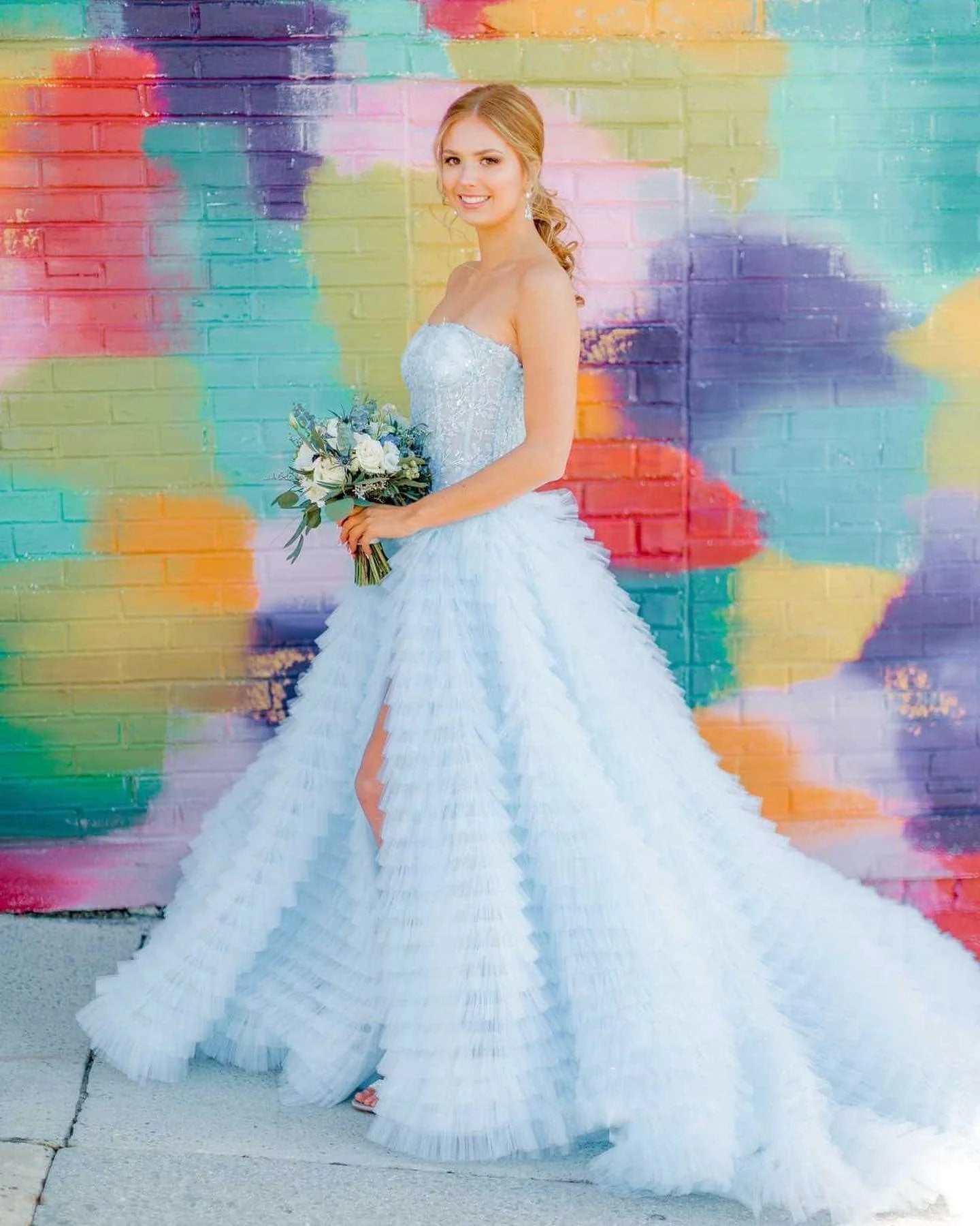A Line Sweetheart Tulle Light Blue Tiered Prom Dress with Slit