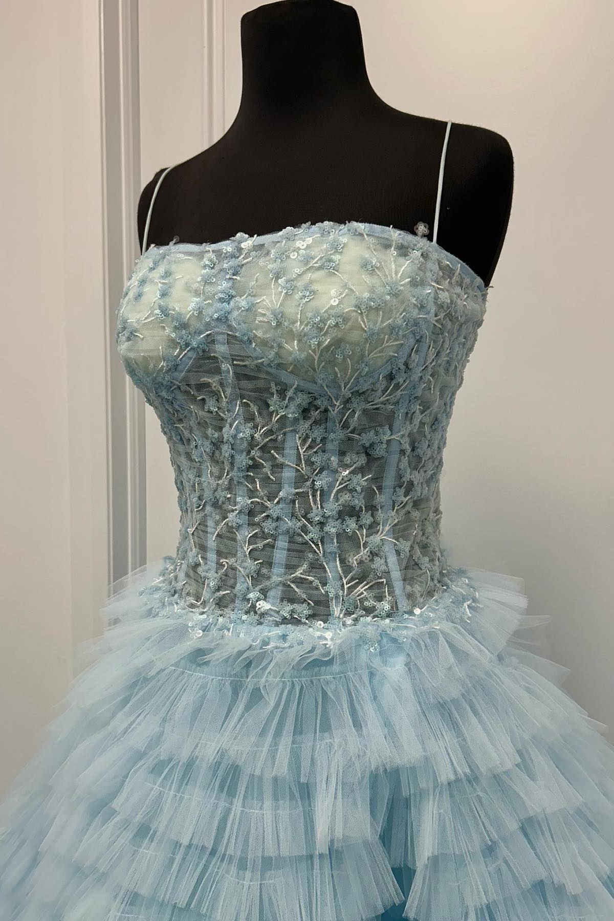 A Line Sweetheart Tulle Light Blue Tiered Prom Dress with Slit