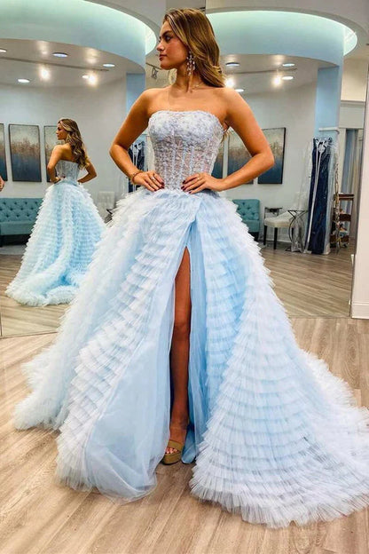 A Line Sweetheart Tulle Light Blue Tiered Prom Dress with Slit