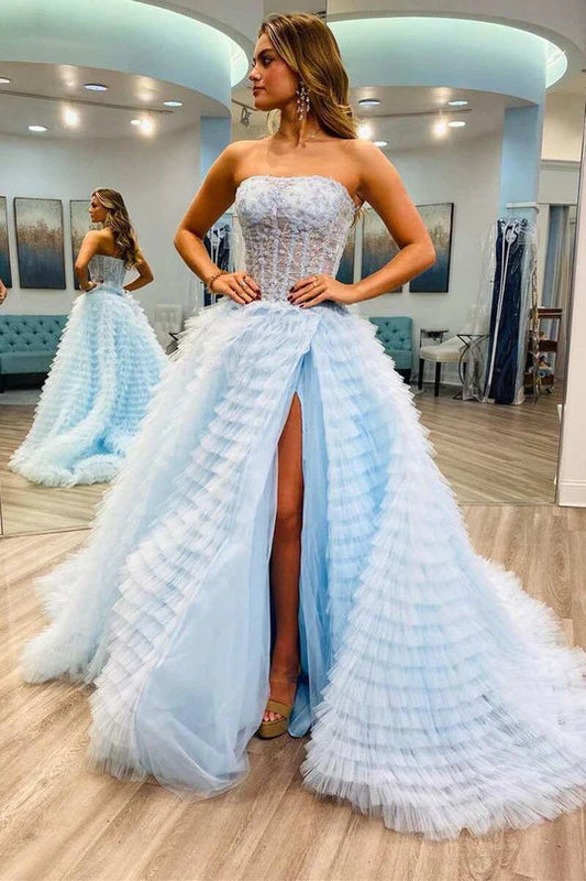 A Line Sweetheart Tulle Light Blue Tiered Prom Dress with Slit