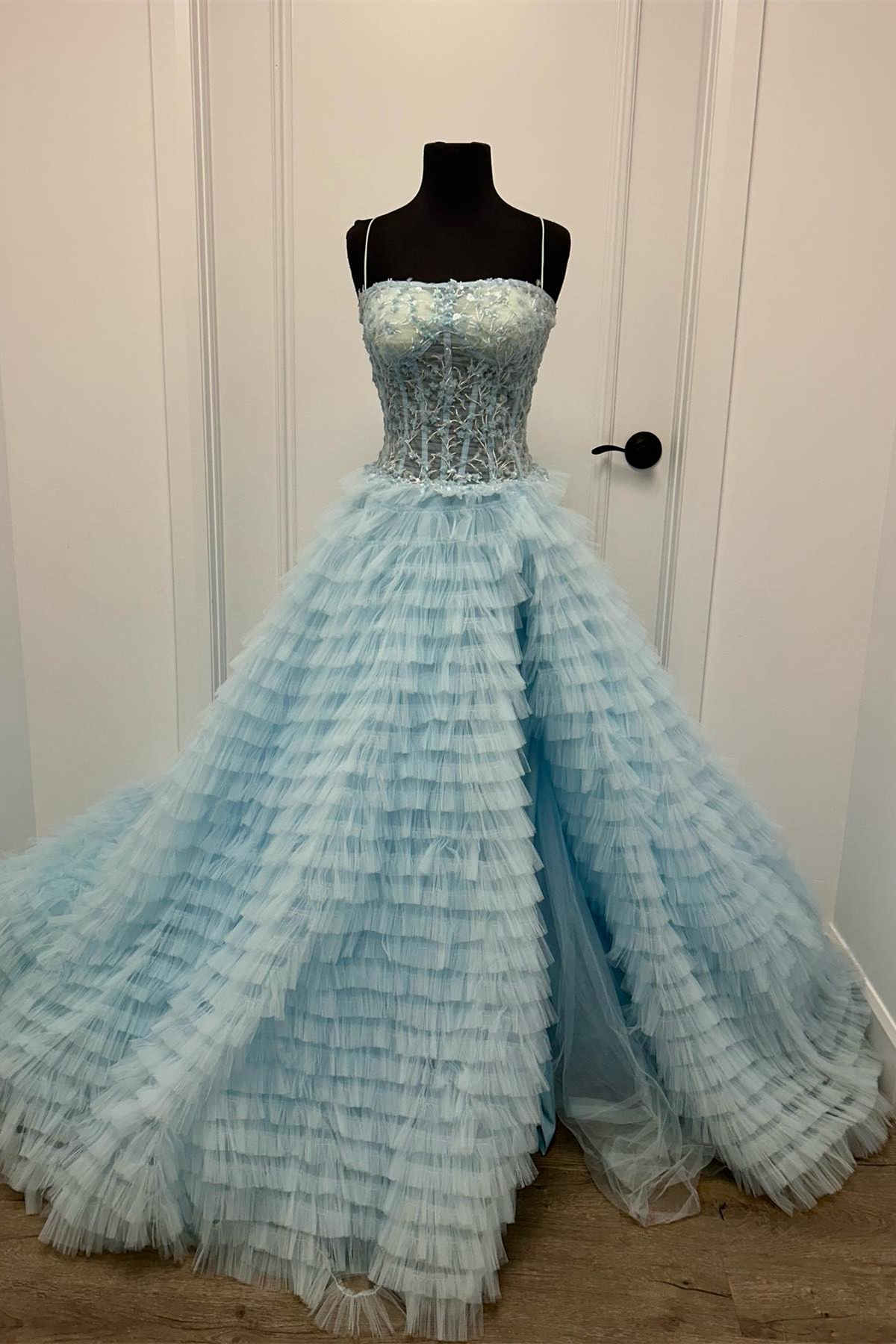 A Line Sweetheart Tulle Light Blue Tiered Prom Dress with Slit