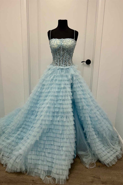 A Line Sweetheart Tulle Light Blue Tiered Prom Dress with Slit