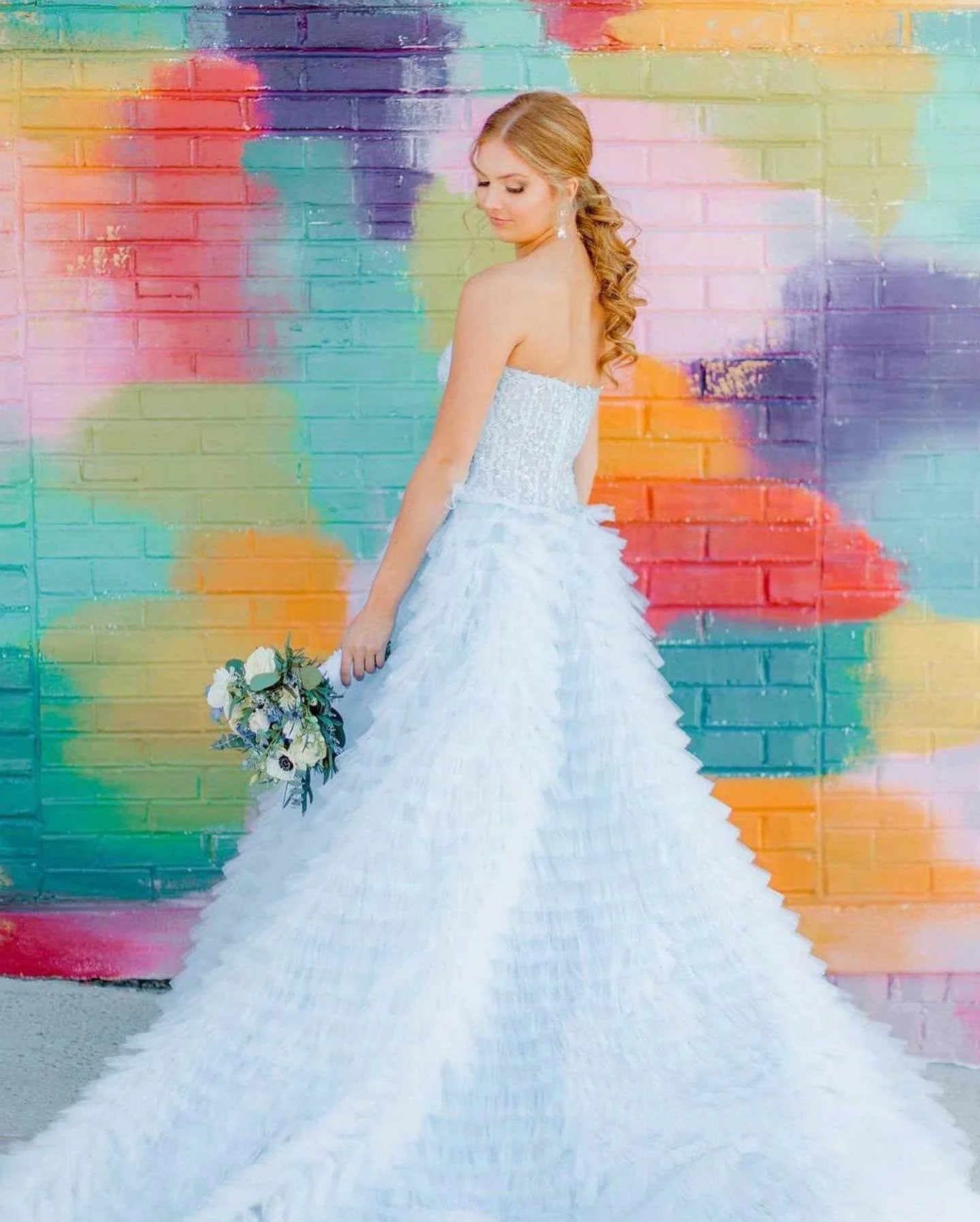 A Line Sweetheart Tulle Light Blue Tiered Prom Dress with Slit