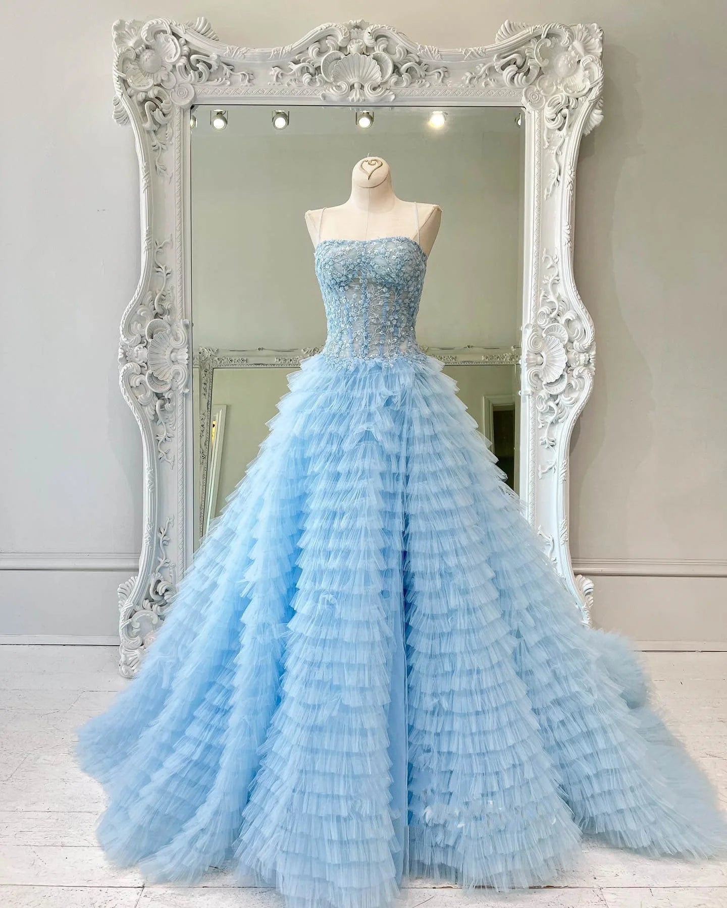 A Line Sweetheart Tulle Light Blue Tiered Prom Dress with Slit