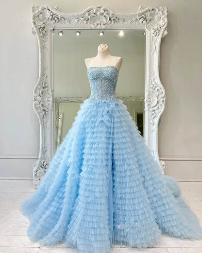A Line Sweetheart Tulle Light Blue Tiered Prom Dress with Slit