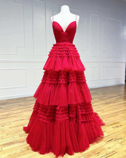 A Line Tulle Layered Deep V Neck Prom Dresses High Slit Black Evening Dresses