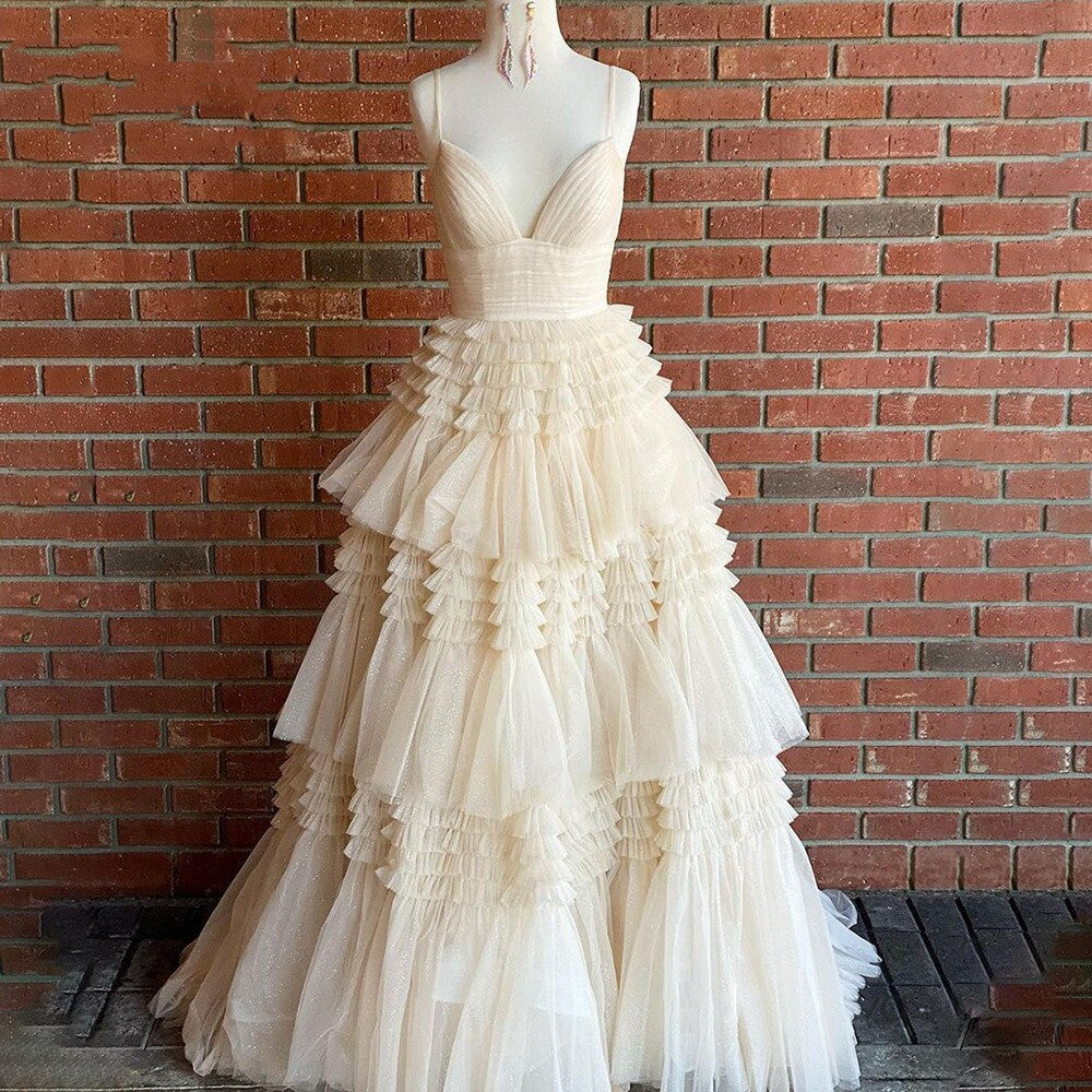 A Line Tulle Layered Deep V Neck Prom Dresses High Slit Black Evening Dresses