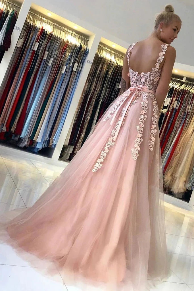 A Line Tulle Straps Prom Dresses with Lace Long Cheap Evening Dress