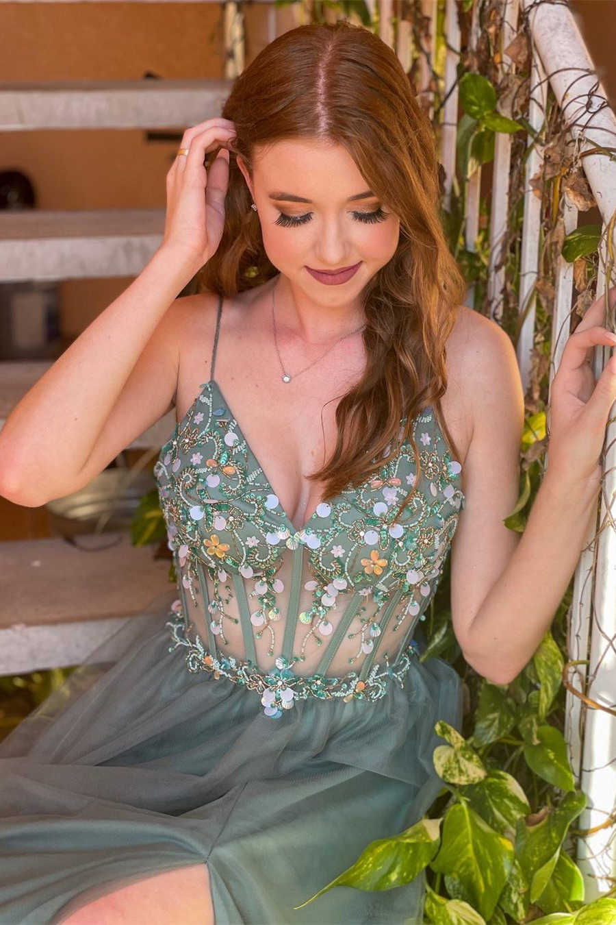 Elegant A Line V Neck Open Back Split Beaded Long Tulle Prom Dress Evening Dresses