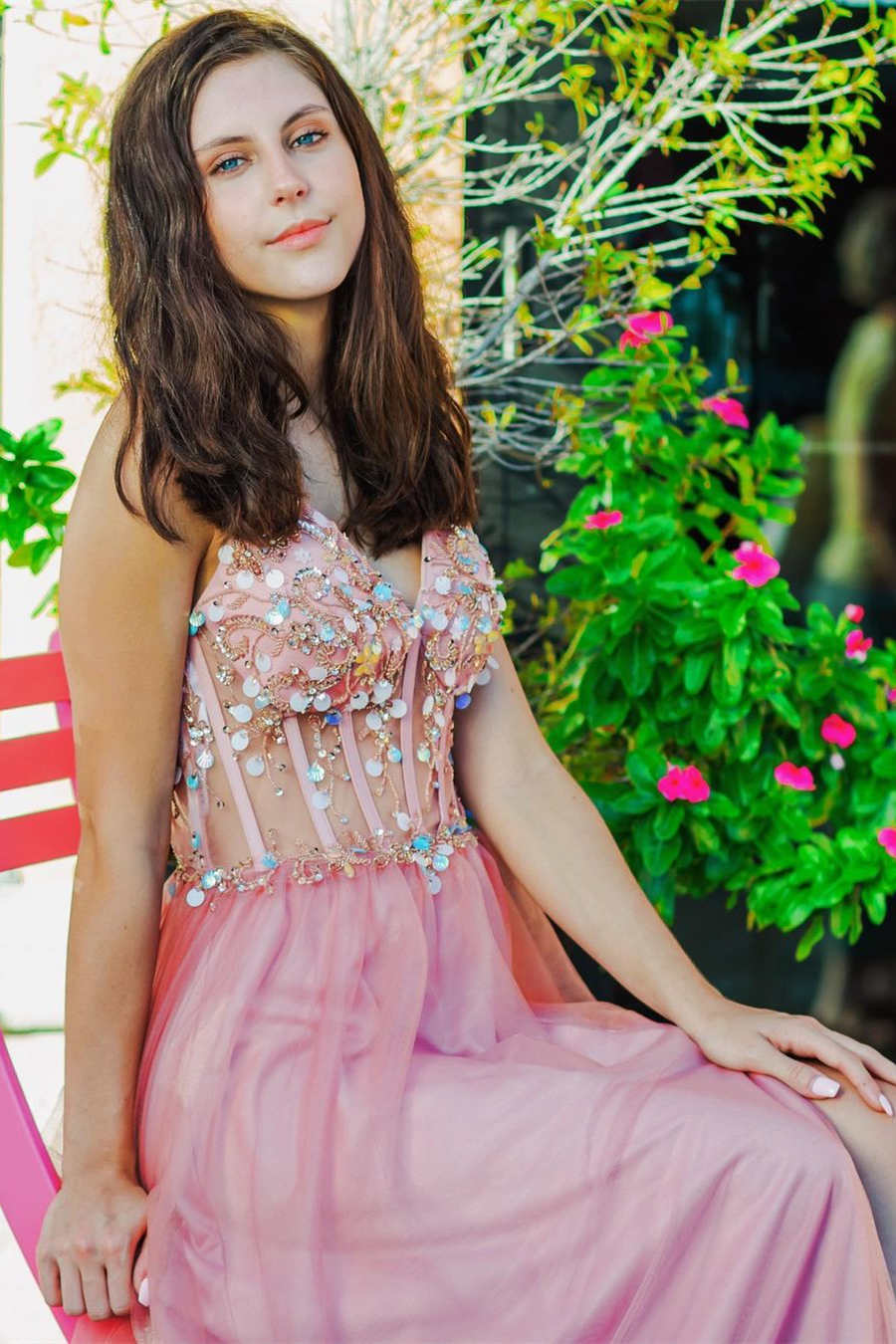 Elegant A Line V Neck Open Back Split Beaded Long Tulle Prom Dress Evening Dresses