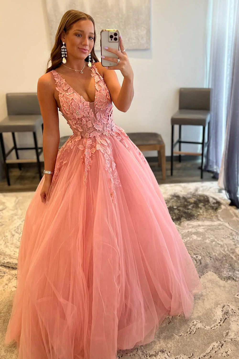 A Line V Neck Tulle Lace Appliques Long Blush Open Back Prom Dresses