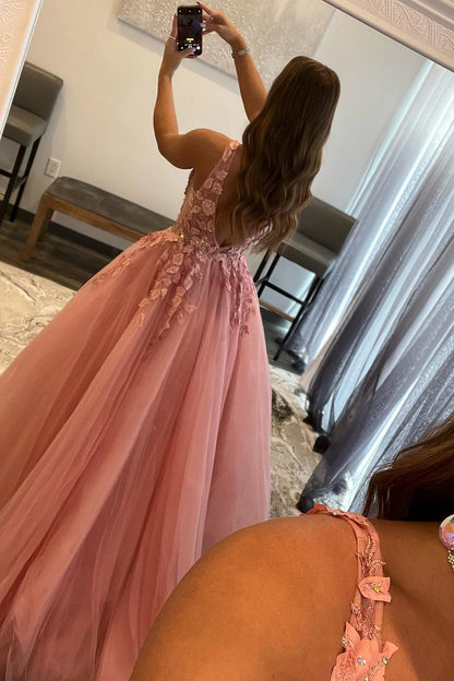 A Line V Neck Tulle Lace Appliques Long Blush Open Back Prom Dresses