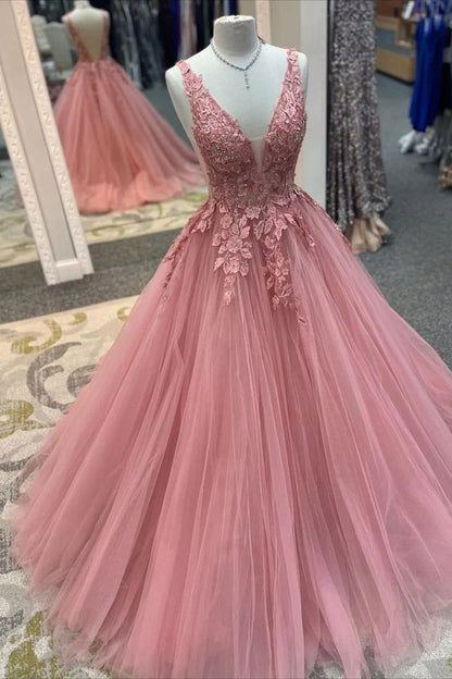 A Line V Neck Tulle Lace Appliques Long Blush Open Back Prom Dresses