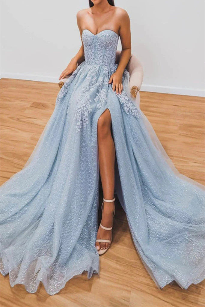 A line Light Blue Tulle Prom Dresses with Appliques Sweetheart Evening Dress