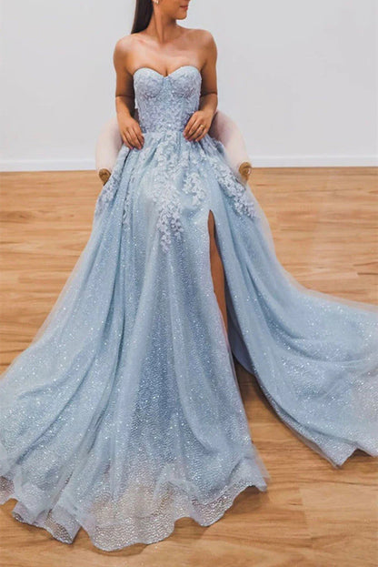 A line Light Blue Tulle Prom Dresses with Appliques Sweetheart Evening Dress