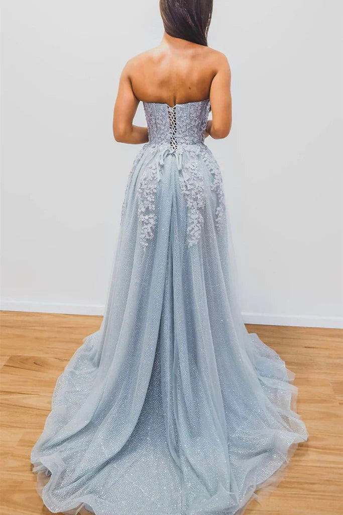 A line Light Blue Tulle Prom Dresses with Appliques Sweetheart Evening Dress