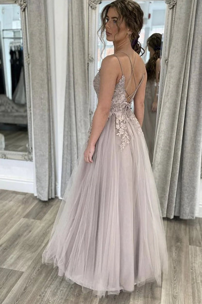Elegant Backless Gray Lace Long Prom Dress with Thin Straps