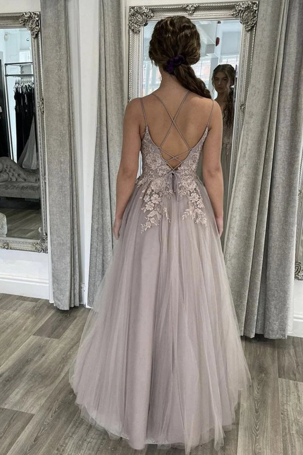 Elegant Backless Gray Lace Long Prom Dress with Thin Straps
