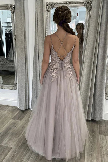 Elegant Backless Gray Lace Long Prom Dress with Thin Straps
