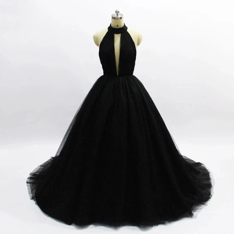 Elegant Black Ball Gown Sexy Backless Sleeveless V-Neck Tulle Long Prom Dresses