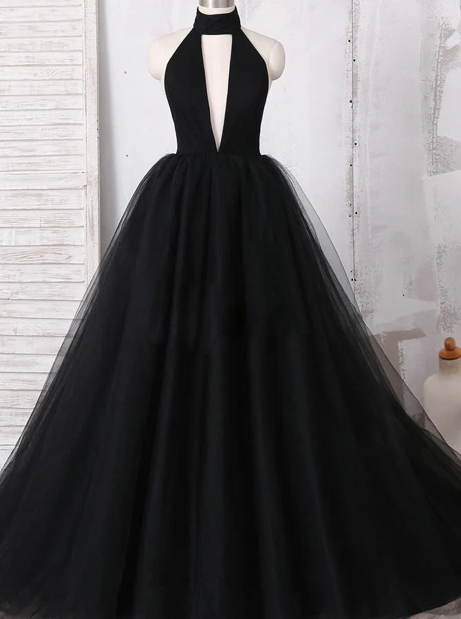 Elegant Black Ball Gown Sexy Backless Sleeveless V-Neck Tulle Long Prom Dresses