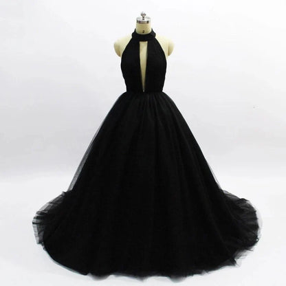Elegant Black Ball Gown Sexy Backless Sleeveless V-Neck Tulle Long Prom Dresses