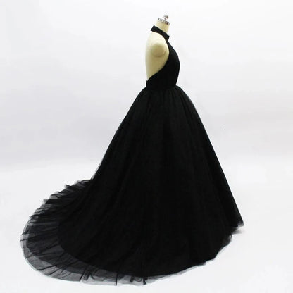Elegant Black Ball Gown Sexy Backless Sleeveless V-Neck Tulle Long Prom Dresses